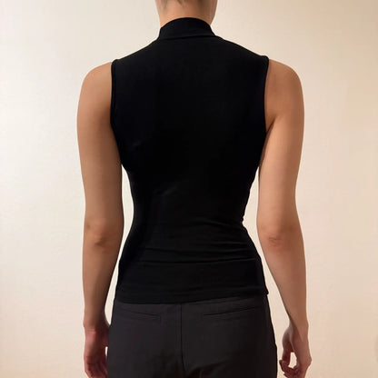 Y2K Black Mock Neck Sleeveless Top with Sailboat Logo – Vintage 2000s Sporty (S)