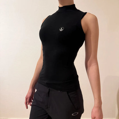 Y2K Black Mock Neck Sleeveless Top with Sailboat Logo – Vintage 2000s Sporty (S)