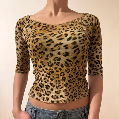 Y2K Leopard Print Fitted Scoop Neck Top – Vintage 2000s Animal Print (S)