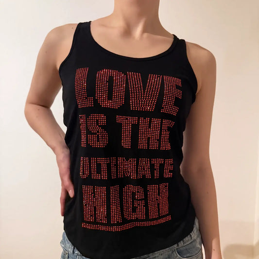 Y2K Black Rhinestone Tank Top with Red Love Slogan – Vintage 2000s (S)