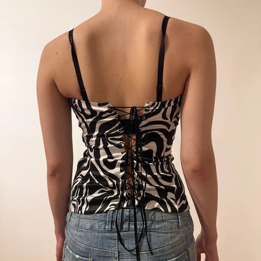 Y2K Black Satin Rhinestone Zebra Print Corset – Vintage 2000s Party (S)