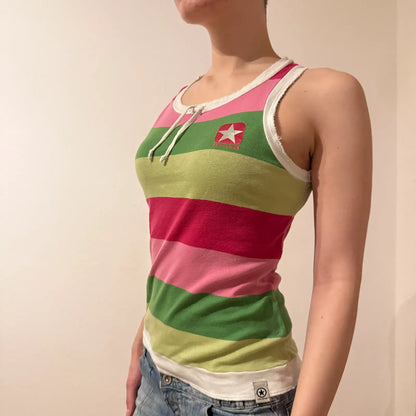 Y2K Converse Pink Green Striped Tank Top with Star Logo - 2000s vibe (S)