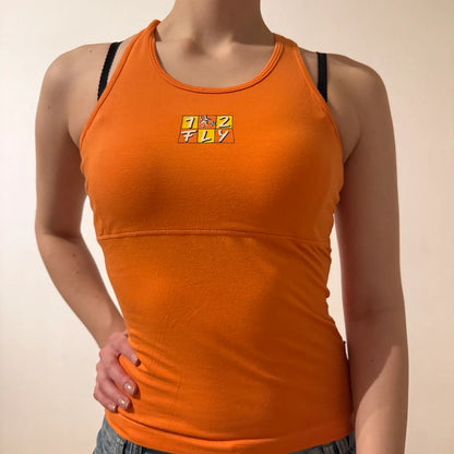 Y2K Orange Racerback Tank with Retro Graphic Patch - Sporty Graphic Shirt (S)