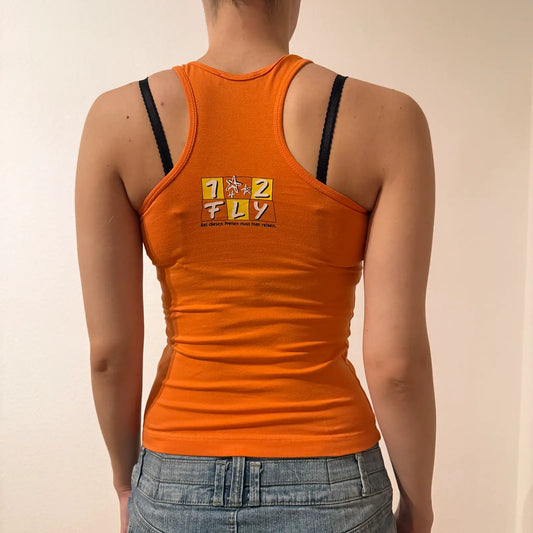 Y2K Orange Racerback Tank with Retro Graphic Patch - Sporty Graphic Shirt (S)