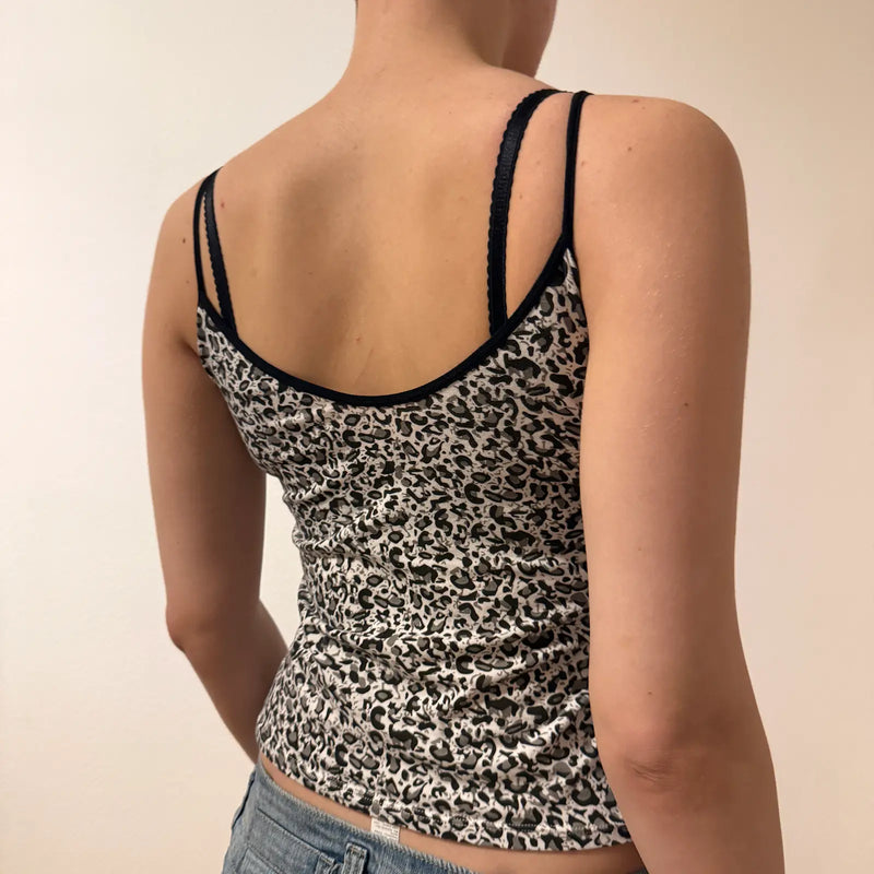 Haut caraco rayé bleu et noir à sequins rétro – Bretelles en chaîne (S)