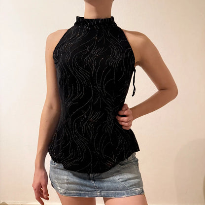 Y2K Black Silver Shimmer Mock Neck Halter Top – Vintage 2000s (M)