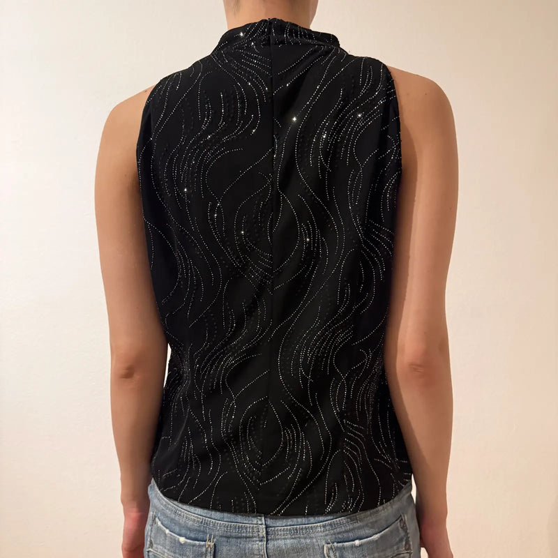 Y2K Black Silver Shimmer Mock Neck Halter Top – Vintage 2000s (M)