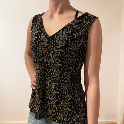 Y2K Black Gold Leopard Print Sleeveless V-Neck Top – Vintage 2000s (M)