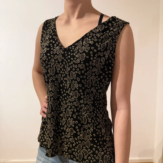 Y2K Black Gold Leopard Print Sleeveless V-Neck Top – Vintage 2000s (M)