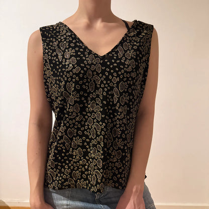 Y2K Black Gold Leopard Print Sleeveless V-Neck Top – Vintage 2000s (M)