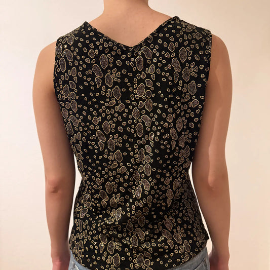 Y2K Black Gold Leopard Print Sleeveless V-Neck Top – Vintage 2000s (M)