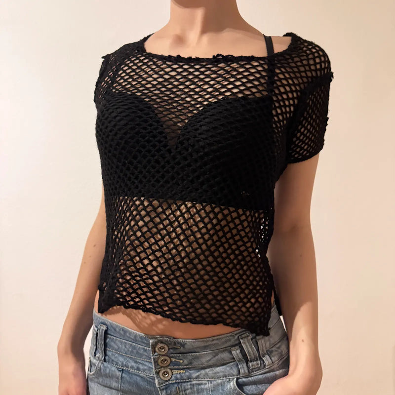 Grunge Rave Black Fishnet Mesh Short Sleeve Top – Vintage 2000s (S)