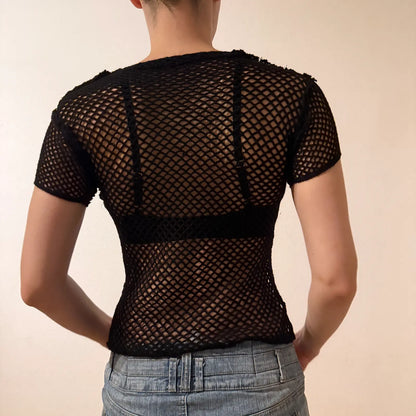 Grunge Rave Black Fishnet Mesh Short Sleeve Top – Vintage 2000s (S)