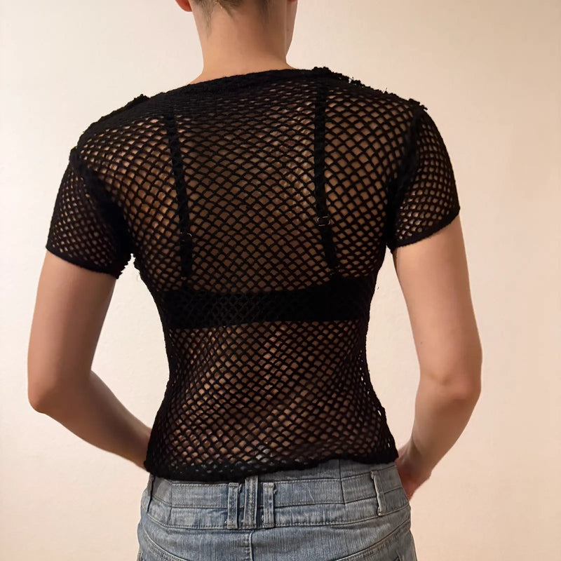 Grunge Rave Black Fishnet Mesh Short Sleeve Top – Vintage 2000s (S)