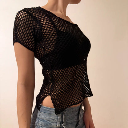 Grunge Rave Black Fishnet Mesh Short Sleeve Top – Vintage 2000s (S)