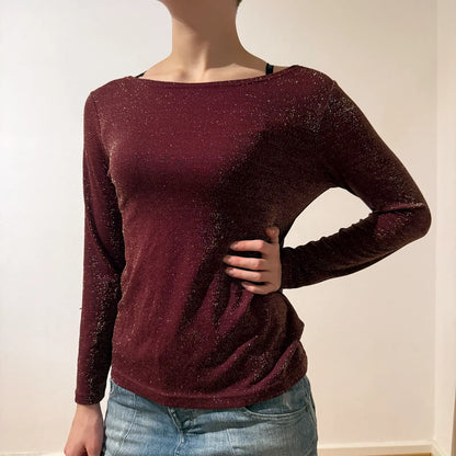Y2K Burgundy Shimmer Long Sleeve Top – Vintage 2000s Sparkle Party Shirt (S)