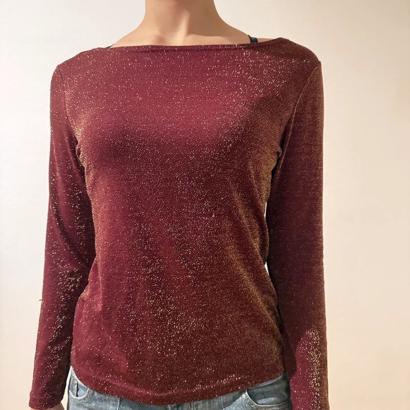 Y2K Burgundy Shimmer Long Sleeve Top – Vintage 2000s Sparkle Party Shirt (S)