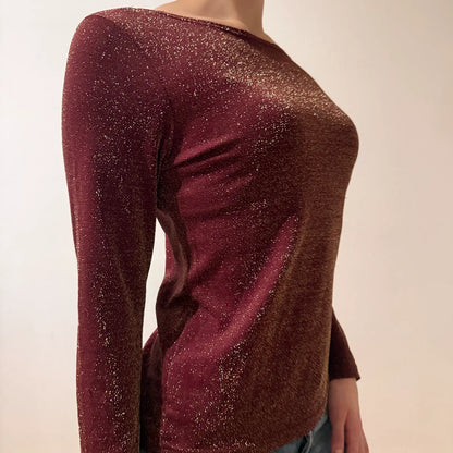 Y2K Burgundy Shimmer Long Sleeve Top – Vintage 2000s Sparkle Party Shirt (S)