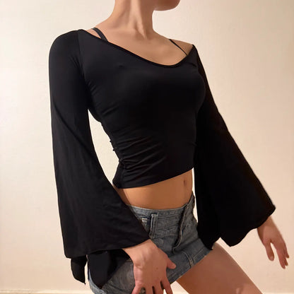 Black Crop Top with Bell Sleeves and Scoop Neck – Vintage 2000s (S)