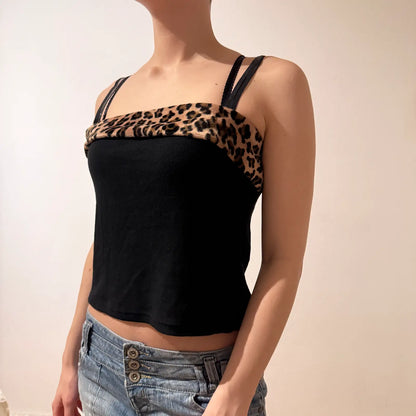 Y2K Black Leopard Trim Cami Crop Top – Vintage 2000s Party Tank (M)