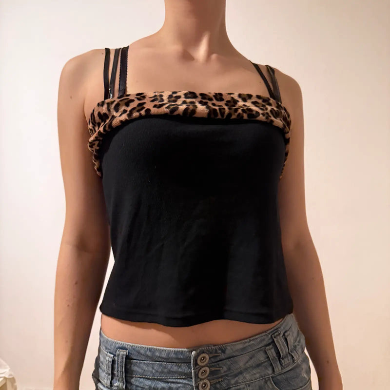 Y2K Black Leopard Trim Cami Crop Top – Vintage 2000s Party Tank (M)