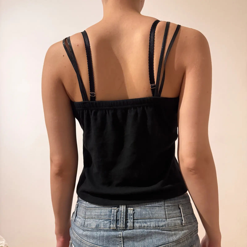 Y2K Black Leopard Trim Cami Crop Top – Vintage 2000s Party Tank (M)