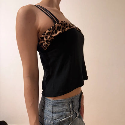 Y2K Black Leopard Trim Cami Crop Top – Vintage 2000s Party Tank (M)