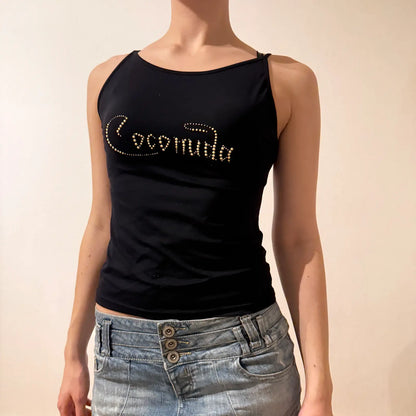 Black Rhinestone Logo Tank Top – Vintage 2000s Party Cami (S)