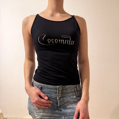 Black Rhinestone Logo Tank Top – Vintage 2000s Party Cami (S)