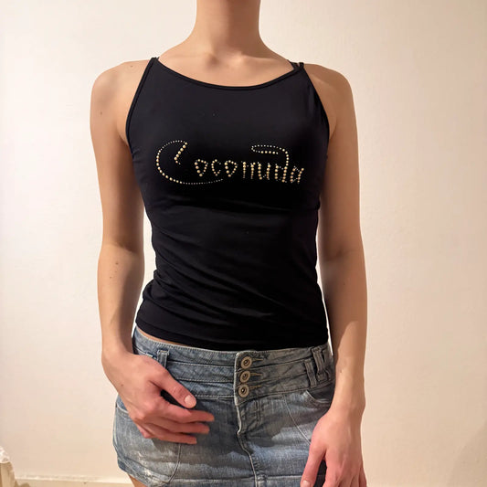 Black Rhinestone Logo Tank Top – Vintage 2000s Party Cami (S)