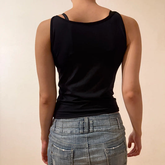 Black Rhinestone Logo Tank Top – Vintage 2000s Party Cami (S)