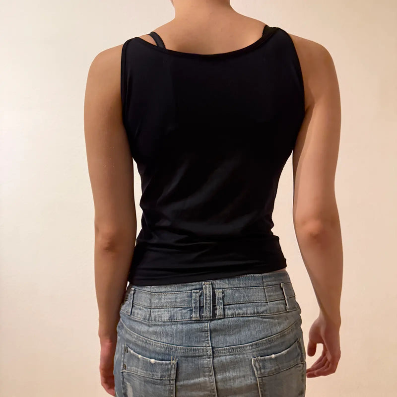 Black Rhinestone Logo Tank Top – Vintage 2000s Party Cami (S)