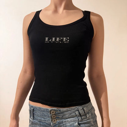 Y2K Black Ribbed Tank Top with Silver Life Style Graphic – Vintage 2000s (S)