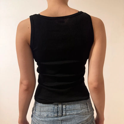Y2K Black Ribbed Tank Top with Silver Life Style Graphic – Vintage 2000s (S)