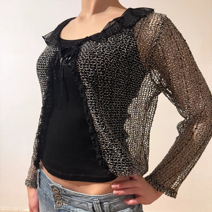 Sheer Metallic Mesh Shrug – Y2K Glitter Lace Trim Cardigan (S)