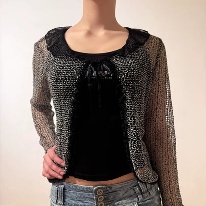 Sheer Metallic Mesh Shrug – Y2K Glitter Lace Trim Cardigan (S)