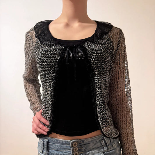 Sheer Metallic Mesh Shrug – Y2K Glitter Lace Trim Cardigan (S)