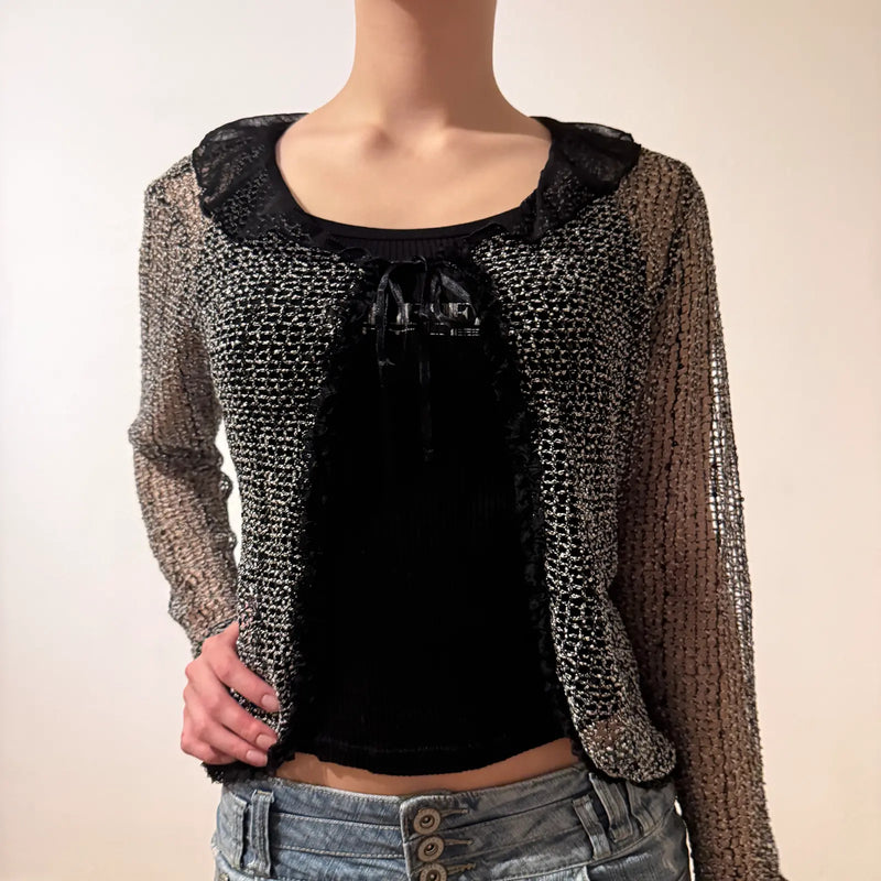 Sheer Metallic Mesh Shrug – Y2K Glitter Lace Trim Cardigan (S)