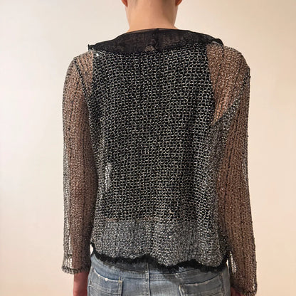 Sheer Metallic Mesh Shrug – Y2K Glitter Lace Trim Cardigan (S)