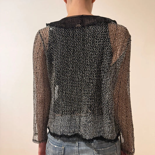 Sheer Metallic Mesh Shrug – Y2K Glitter Lace Trim Cardigan (S)