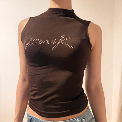 Black Rhinestone “Pink” Logo Mock Neck Tank – Vintage 2000s Y2K Party Top (S)