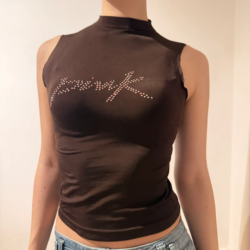 Black Rhinestone “Pink” Logo Mock Neck Tank – Vintage 2000s Y2K Party Top (S)