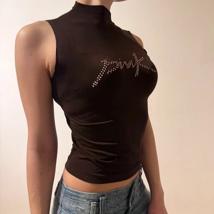 Black Rhinestone “Pink” Logo Mock Neck Tank – Vintage 2000s Y2K Party Top (S)