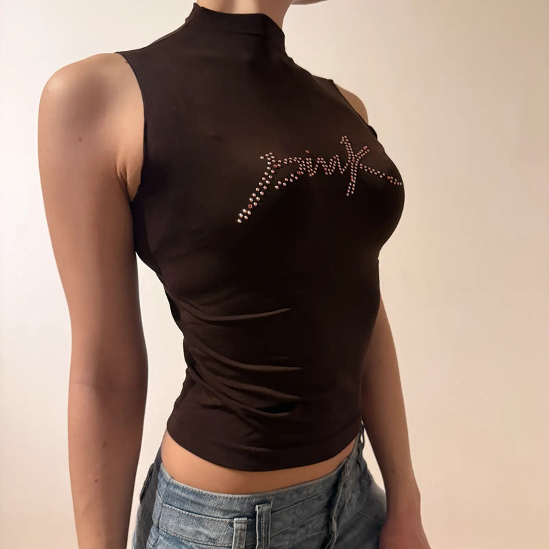 Black Rhinestone “Pink” Logo Mock Neck Tank – Vintage 2000s Y2K Party Top (S)