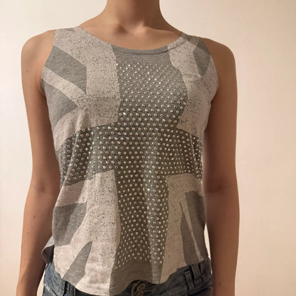 Union Jack Rhinestone Tank Top – Vintage 2000s Sleeveless Y2K Glam Shirt (S)