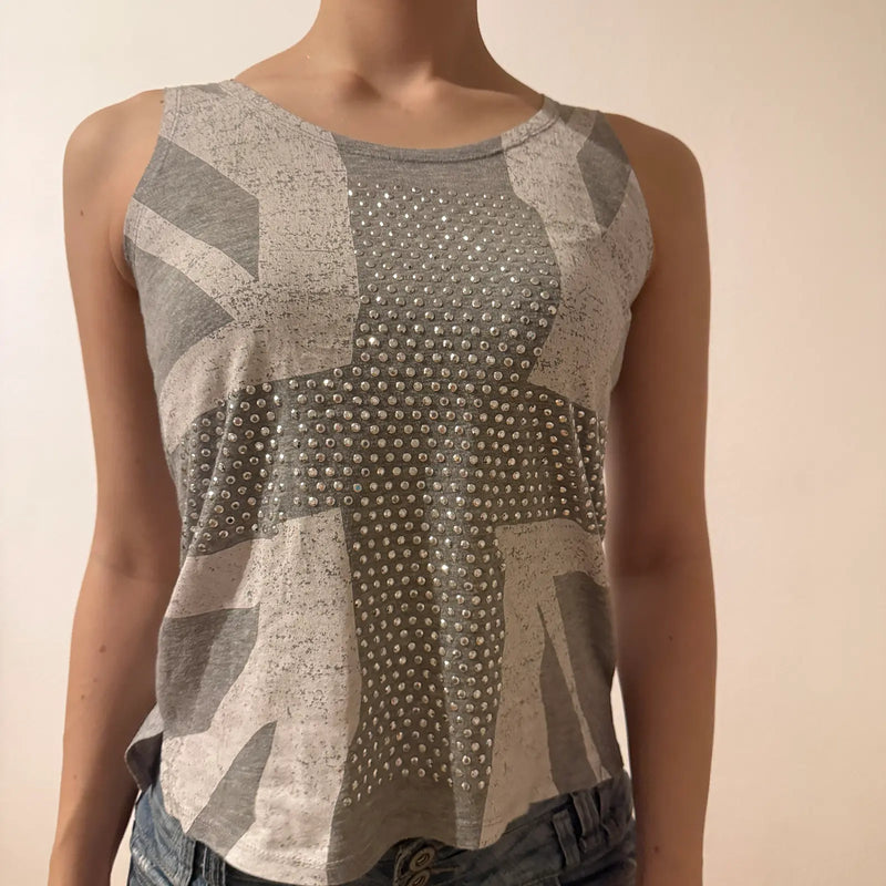 Union Jack Rhinestone Tank Top – Vintage 2000s Sleeveless Y2K Glam Shirt (S)