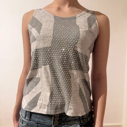 Union Jack Rhinestone Tank Top – Vintage 2000s Sleeveless Y2K Glam Shirt (S)