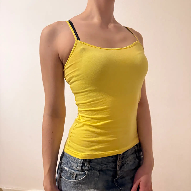 Vintage Yellow Cami Top – Y2K Spaghetti Strap Tank Stretchy Basics (S)