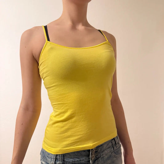 Vintage Yellow Cami Top – Y2K Spaghetti Strap Tank Stretchy Basics (S)
