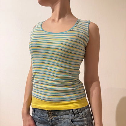Striped Pastel Sleeveless Crop Top – Vintage 2000s Y2K Layering Shirt (S)